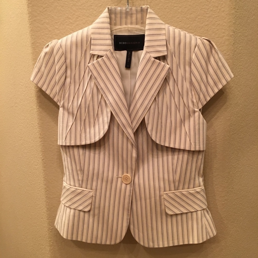 BCBG MAXAZRIA Women Cream Gray Stripe Short Sleeve Blazer Size Xsmall